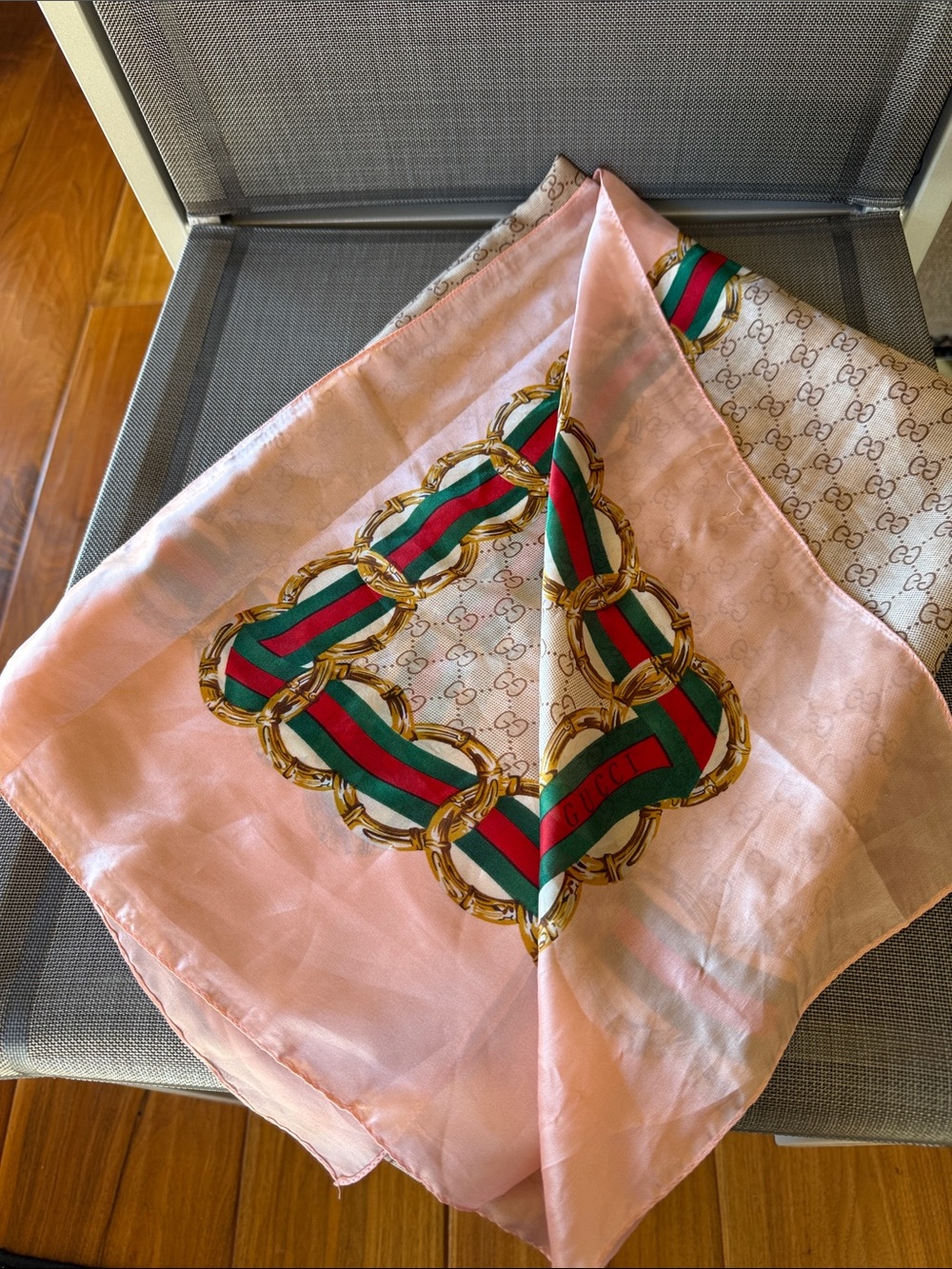 Gucci Pink Silk Logo Chain Print Scarf